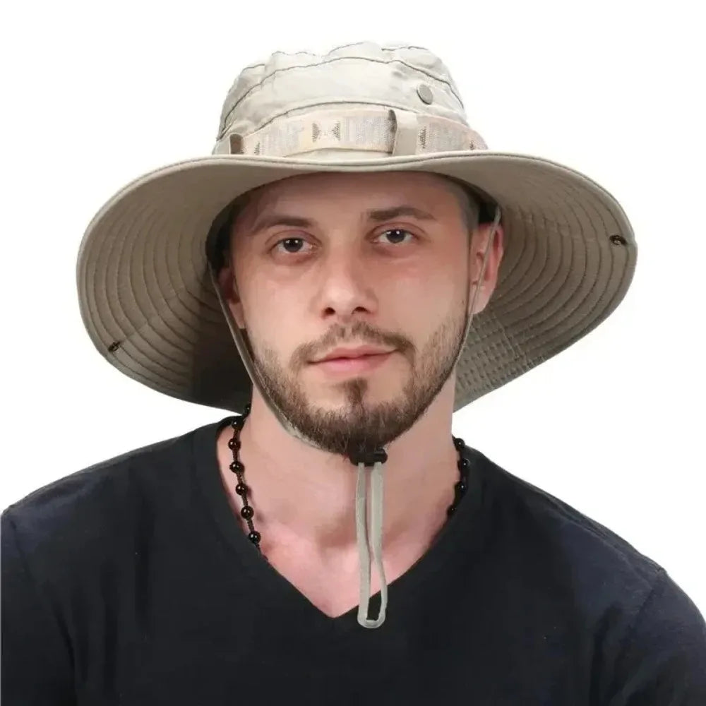 Summer Men's Panama Style Bucket Hat Wide Brim UV Proof Mesh Ventilation Fisherman Hat Lightweight for Camping Hunting Beach