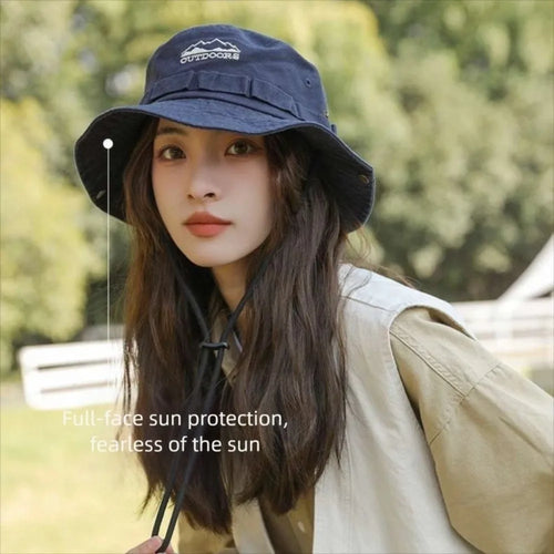 Camping Mountain Climbing Hat Unisex Fashion Mountain Range Embroidery Fisherman Hat Sun Protection Wide Brim Travel Outdoor Cap